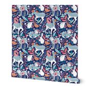 Normal scale // Spring Joy // navy blue background pale blue lambs and donkeys coral and teal garden