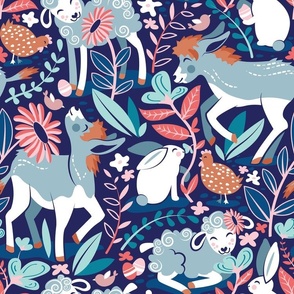 Normal scale // Spring Joy // navy blue background pale blue lambs and donkeys coral and teal garden