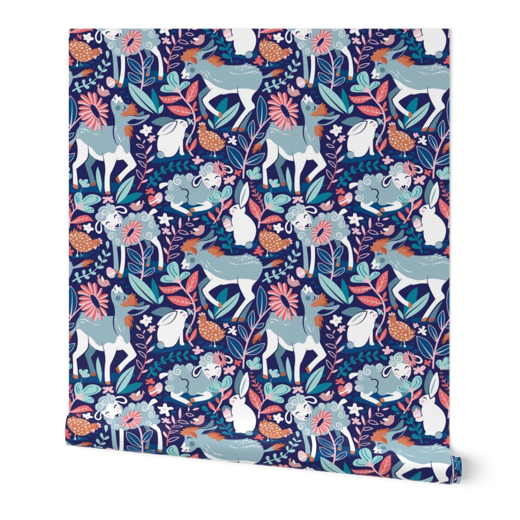 Small scale // Spring Joy // navy blue background pale blue lambs and donkeys coral and teal garden