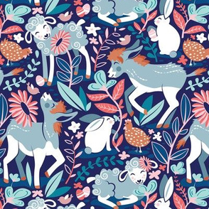 Small scale // Spring Joy // navy blue background pale blue lambs and donkeys coral and teal garden