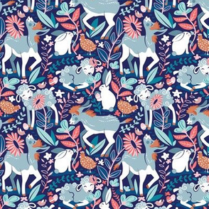 Tiny scale // Spring Joy // navy blue background pale blue lambs and donkeys coral and teal garden