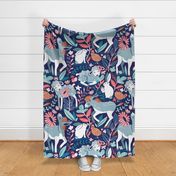 Large jumbo scale // Spring Joy // navy blue background pale blue lambs and donkeys coral and teal garden