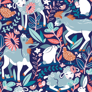 Large jumbo scale // Spring Joy // navy blue background pale blue lambs and donkeys coral and teal garden