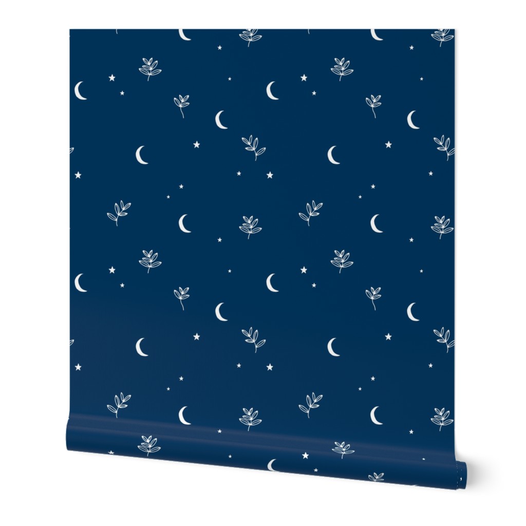 Little moon and stars jungle mystic boho garden moonlight dreams winter navy blue white