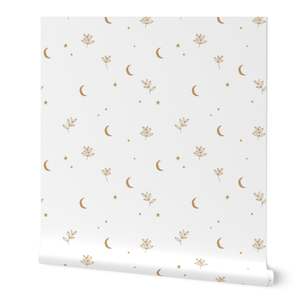 Little moon and stars jungle mystic boho garden moonlight dreams winter golden ochre white