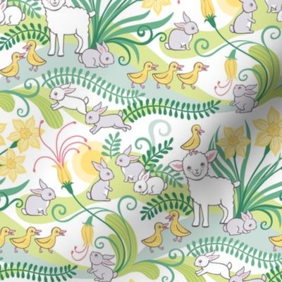 Spring Babies- Small- Lamb- Bunny- Duckling- Gender Neutral Nursery Decor- Farm Animals Baby Blanket- Daffodil- Green- Yellow- Easter