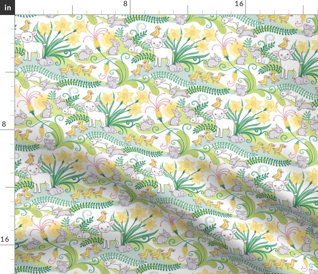 Spring Babies- Small- Lamb- Bunny- Duckling- Gender Neutral Nursery Decor- Farm Animals Baby Blanket- Daffodil- Green- Yellow- Easter