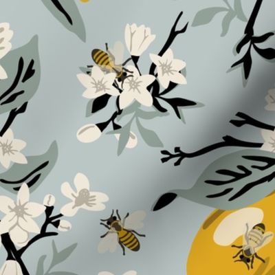 Bees & Lemons - Large - Blue, Version 4 - Black Stems - Honey Bees, Flowers, Lemons