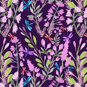 Illustrated Spring Flowers and Dragonflies on a Dark Purple Textured Background