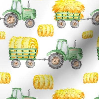 Watercolor Green Tractor Hay Bales Farm -  Medium