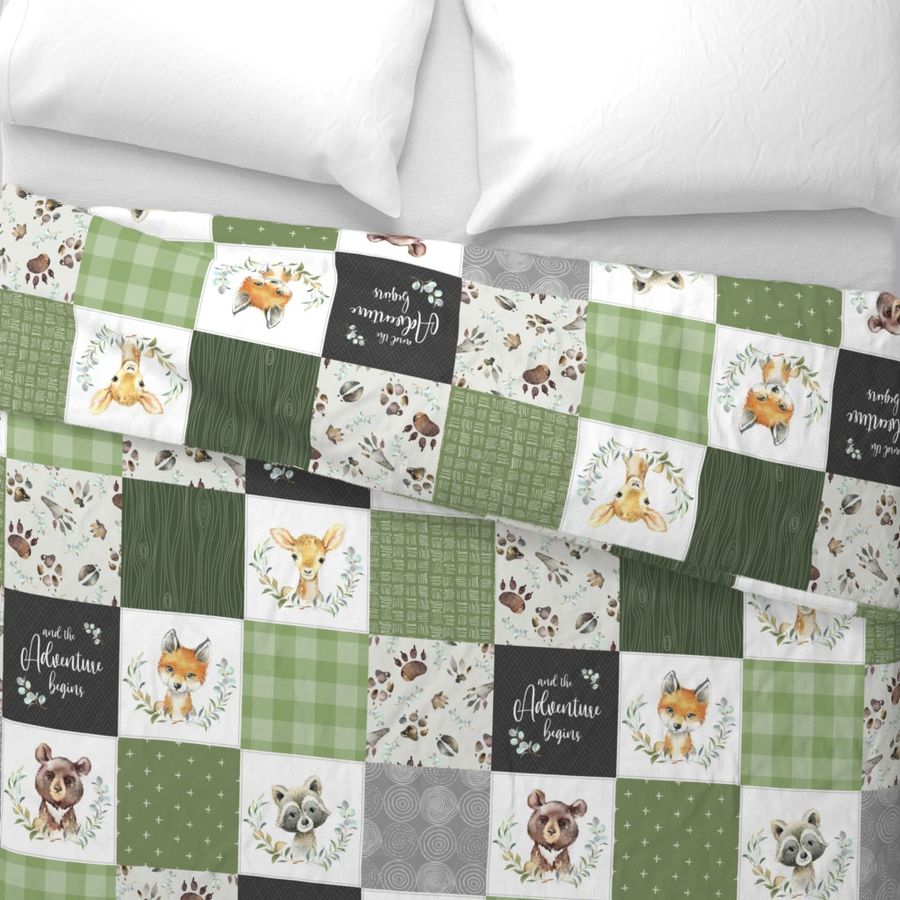 Woodland Animal Tracks Quilt Top – Green Patchwork Cheater Quilt, Style Fg