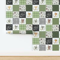 Woodland Animal Tracks Quilt Top – Green Patchwork Cheater Quilt, Style Fg