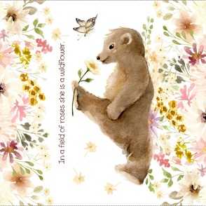 42” x 36” Bear Wildflower Blanket Panel, Girls Floral Animal Bedding