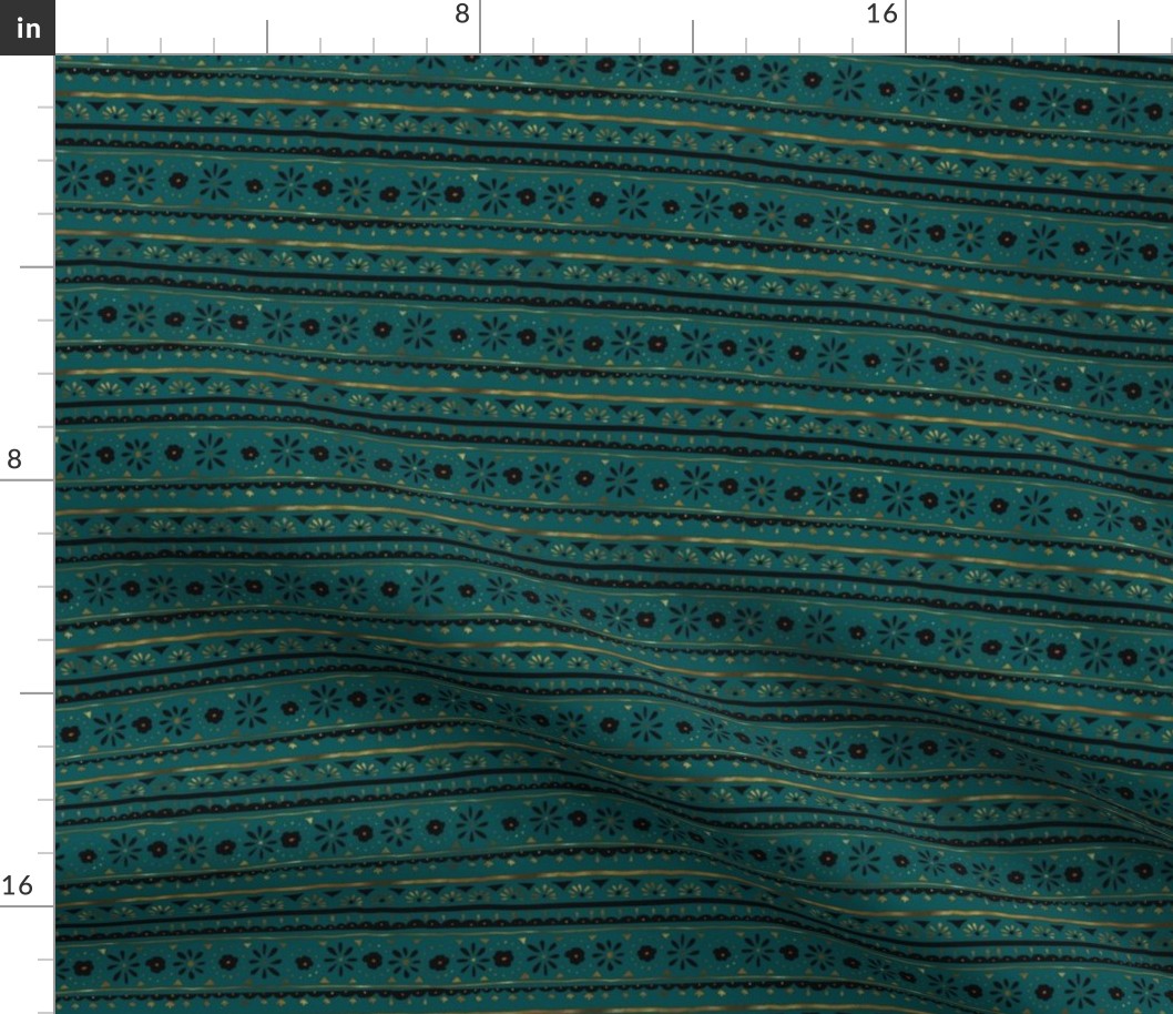 mod boho folk floral stripe - teal