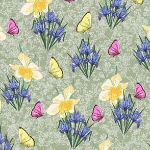 Iris and Daffodils in Spring on Gray Green