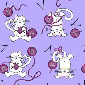 Silly Knitty Kitty / Knitting Cat w/ Yarn Balls on Purple  