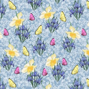 Spring Iris and Dafodils with Butterflies on Slate Blue