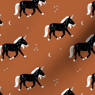 Little Sparkle Unicorn magic stars and moon universe horse design black russet neutral brown rust copper