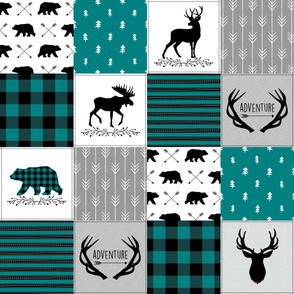 Woodland Patchwork Quilt Top – Baby Nursery Blanket, Peacock, Black + Gray, Adventure Antlers Arrows, Style A