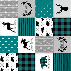 Woodland Patchwork Quilt Top – Baby Nursery Blanket, Peacock, Black + Gray, Adventure Antlers Arrows, Style A ROTATED