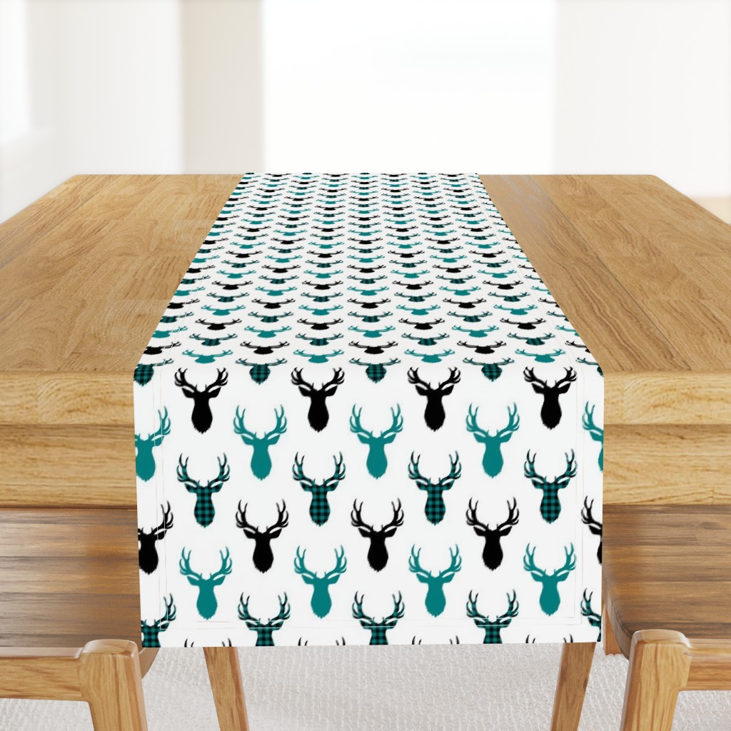 Buck Silhouette - Deer Head Antlers (black, peacock teal plaid)