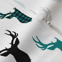 Buck Silhouette - Deer Head Antlers (black, peacock teal plaid)