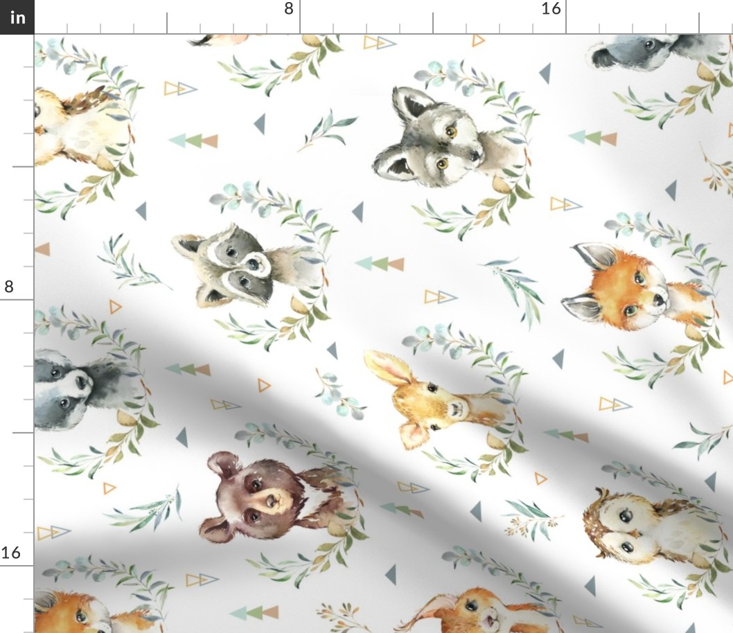 Woodland Animals – Baby Nursery Fabric - style A, LARGER scale- ROTATED