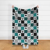 Woodland Patchwork Quilt Top – Baby Nursery Blanket, Peacock, Black + Gray, Brave Antlers Arrows, Style B