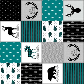 Woodland Patchwork Quilt Top – Baby Nursery Blanket, Peacock, Black + Gray, Brave Antlers Arrows, Style B ROTATED