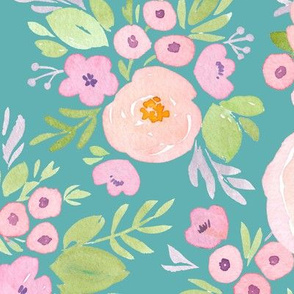 pink rose floral on teal