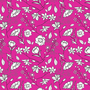 Mimi’s Spring Meadow - White on Fuchsia Pink