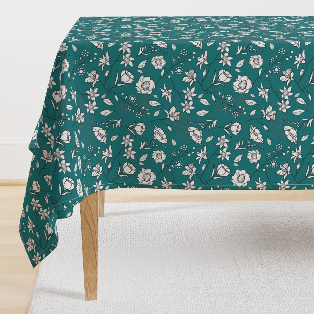 Mimi’s Spring Meadow - White on Teal Green