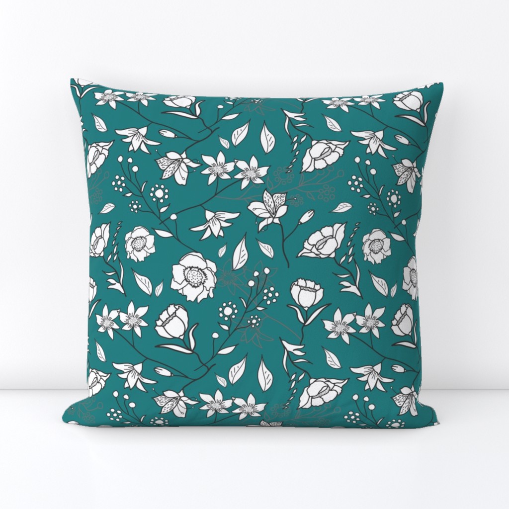 Mimi’s Spring Meadow - White on Teal Green