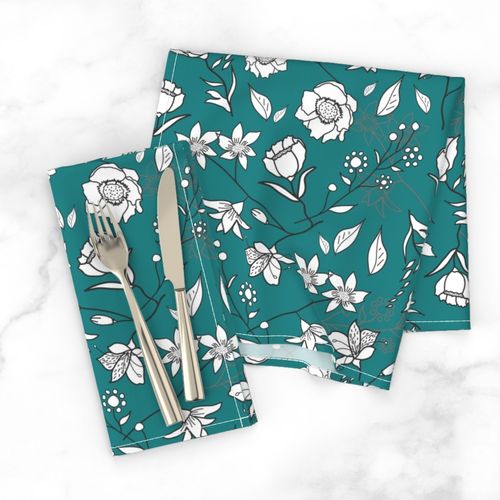 Mimi’s Spring Meadow - White on Teal Green