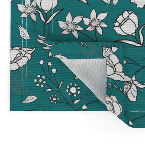 Mimi’s Spring Meadow - White on Teal Green