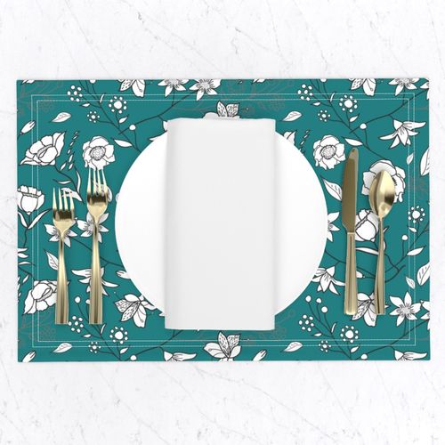 Mimi’s Spring Meadow - White on Teal Green