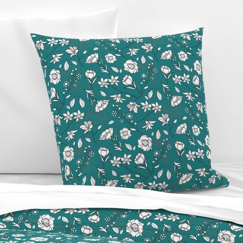 Mimi’s Spring Meadow - White on Teal Green