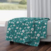 Mimi’s Spring Meadow - White on Teal Green