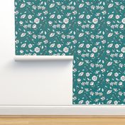 Mimi’s Spring Meadow - White on Teal Green