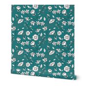 Mimi’s Spring Meadow - White on Teal Green