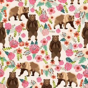 bears floral fabric - bear fabric brown bear fabric, bear design, cute bear, baby girl fabric, girls bears fabric - cream