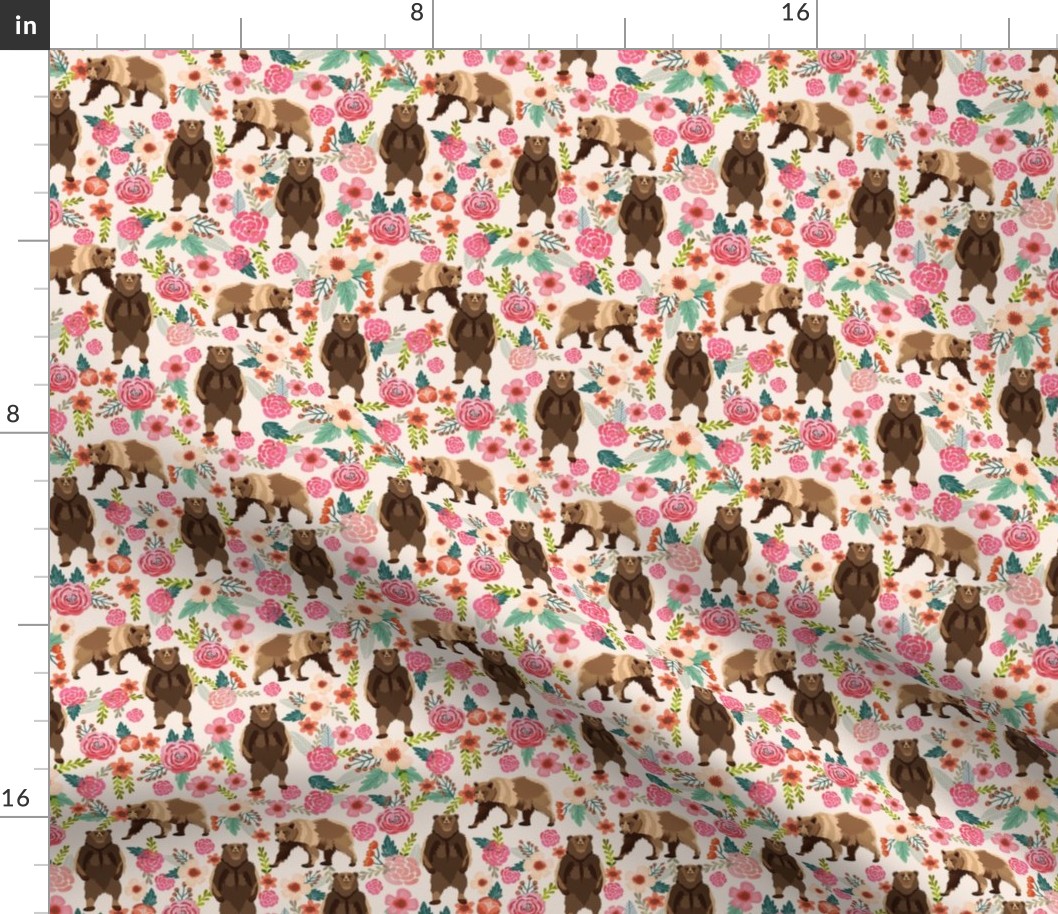 bears floral fabric - bear fabric brown bear fabric, bear design, cute bear, baby girl fabric, girls bears fabric - cream