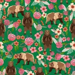 bears floral fabric - bear fabric brown bear fabric, bear design, cute bear, baby girl fabric, girls bears fabric - green