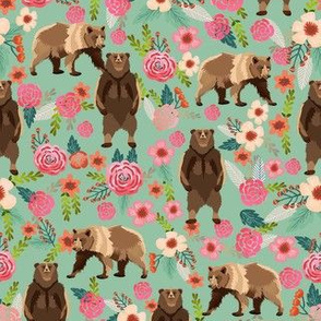 bears floral fabric - bear fabric brown bear fabric, bear design, cute bear, baby girl fabric, girls bears fabric - mint