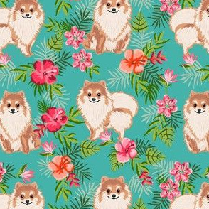 pomeranian hawaiian fabric - pom dog fabric, pom dog hawaiian shirt, tropical florals - turquoise