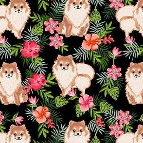 pomeranian hawaiian fabric - pom dog fabric, pom dog hawaiian shirt, tropical florals - black