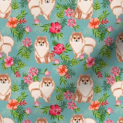 pomeranian hawaiian fabric - pom dog fabric, pom dog hawaiian shirt, tropical florals - blue