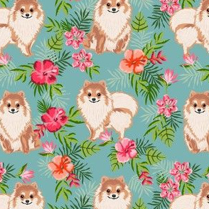 pomeranian hawaiian fabric - pom dog fabric, pom dog hawaiian shirt, tropical florals - blue
