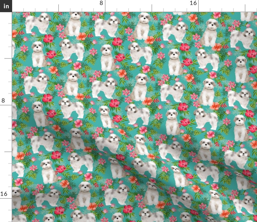 shih tsu hawaiian fabric - dog hawaiian fabric, hawaiian shirt fabric, dog fabric - turquoise