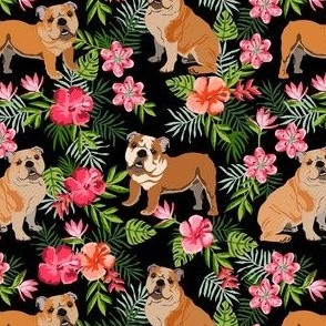 english bulldog hawaiian fabric - dog fabric, hawaiian fabric, tropical fabric, tropical florals, floral fabric - black